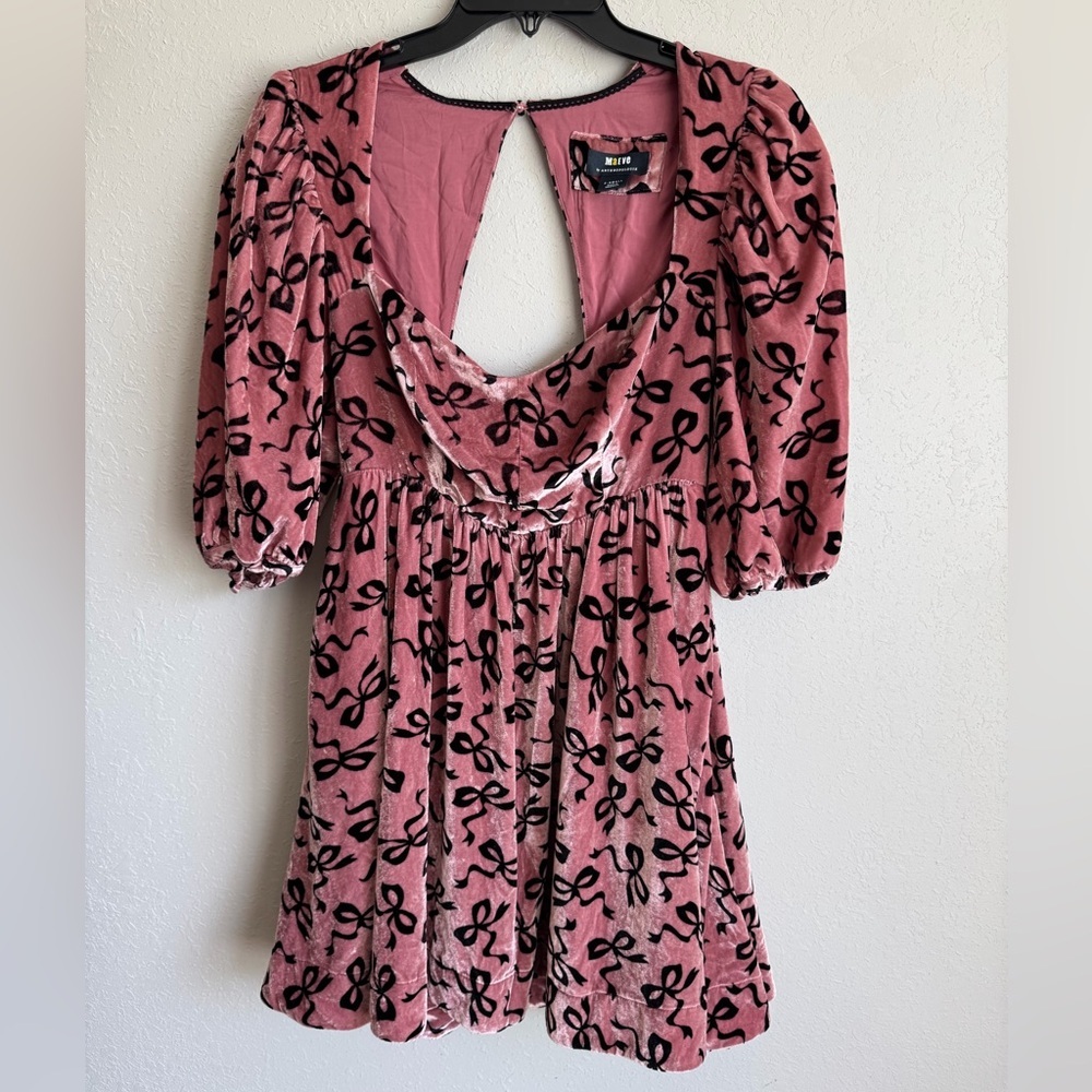 Maeve by Anthropologie Pink Black Bow Velour A-Line Mini Dress Women XS Coquette